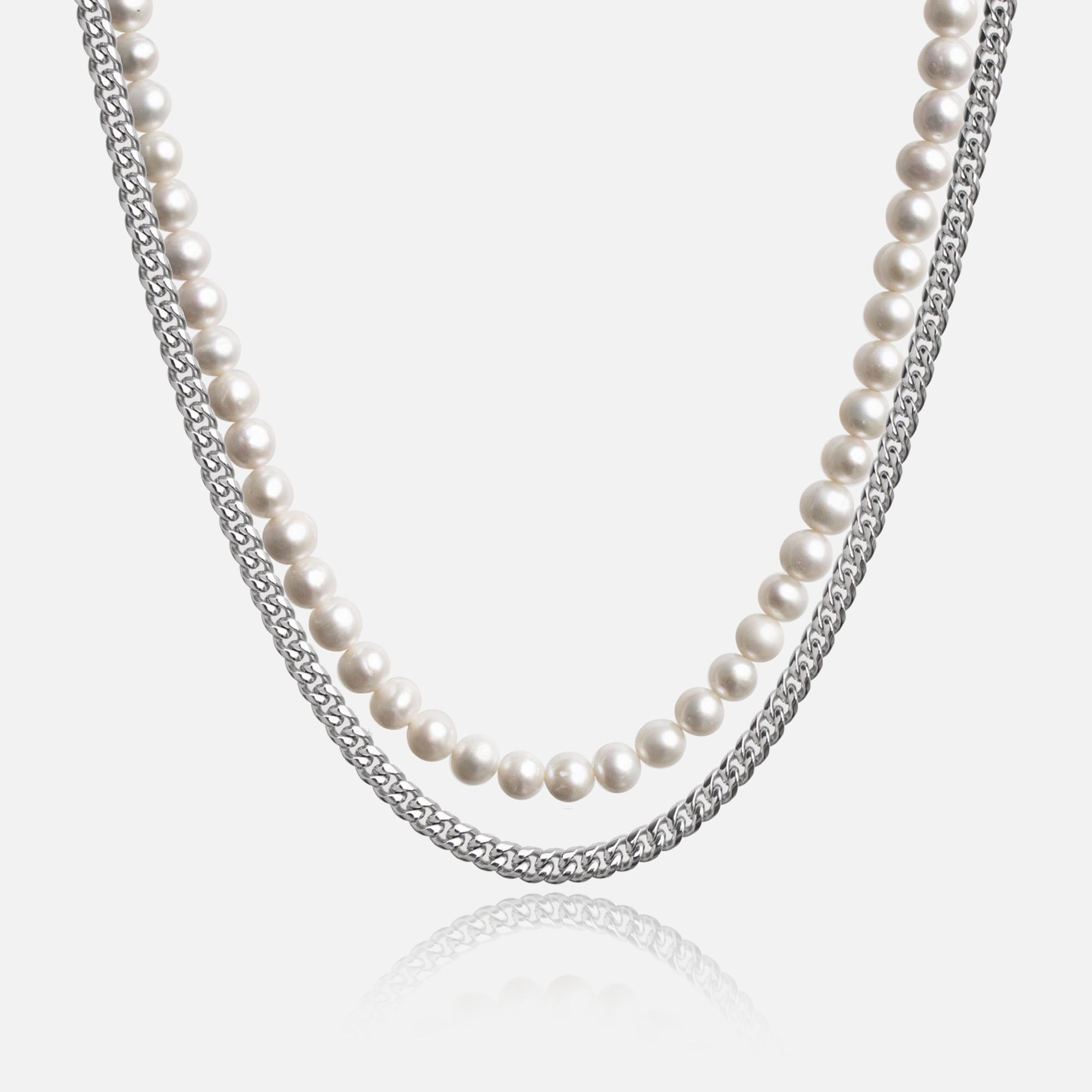 Layering-Set – Cuban Link Halskette + Perlenkette - warpedsense