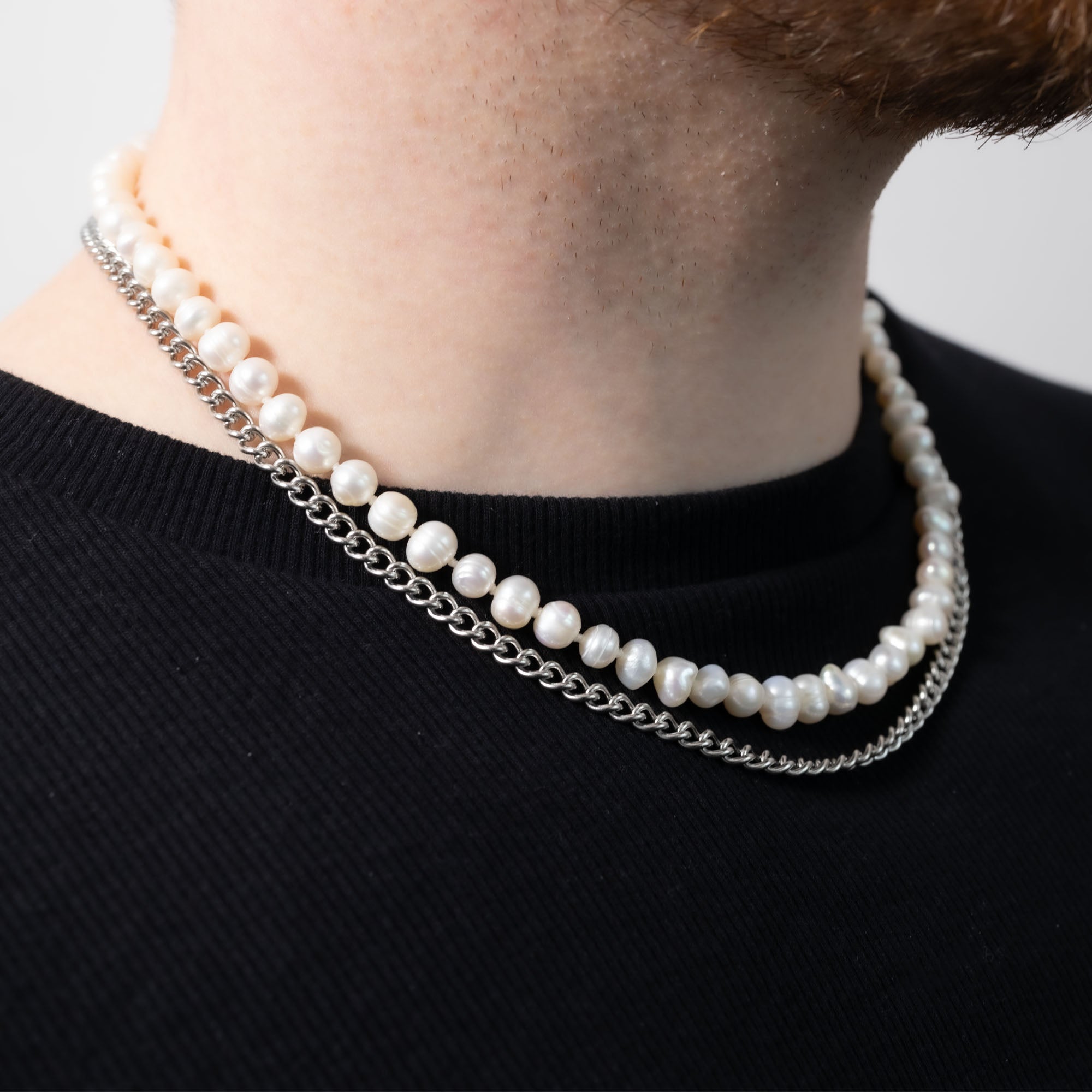 Layering-Set – Cuban Link Halskette + Perlenkette - warpedsense